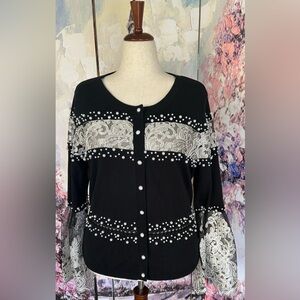 Boston Proper - Black/White Pearl & Lace Beaded Cardigan. Size XL